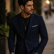 Modelo vestindo blazer masculino azul marinho com camiseta preta e lenço de bolso — Terno Lux