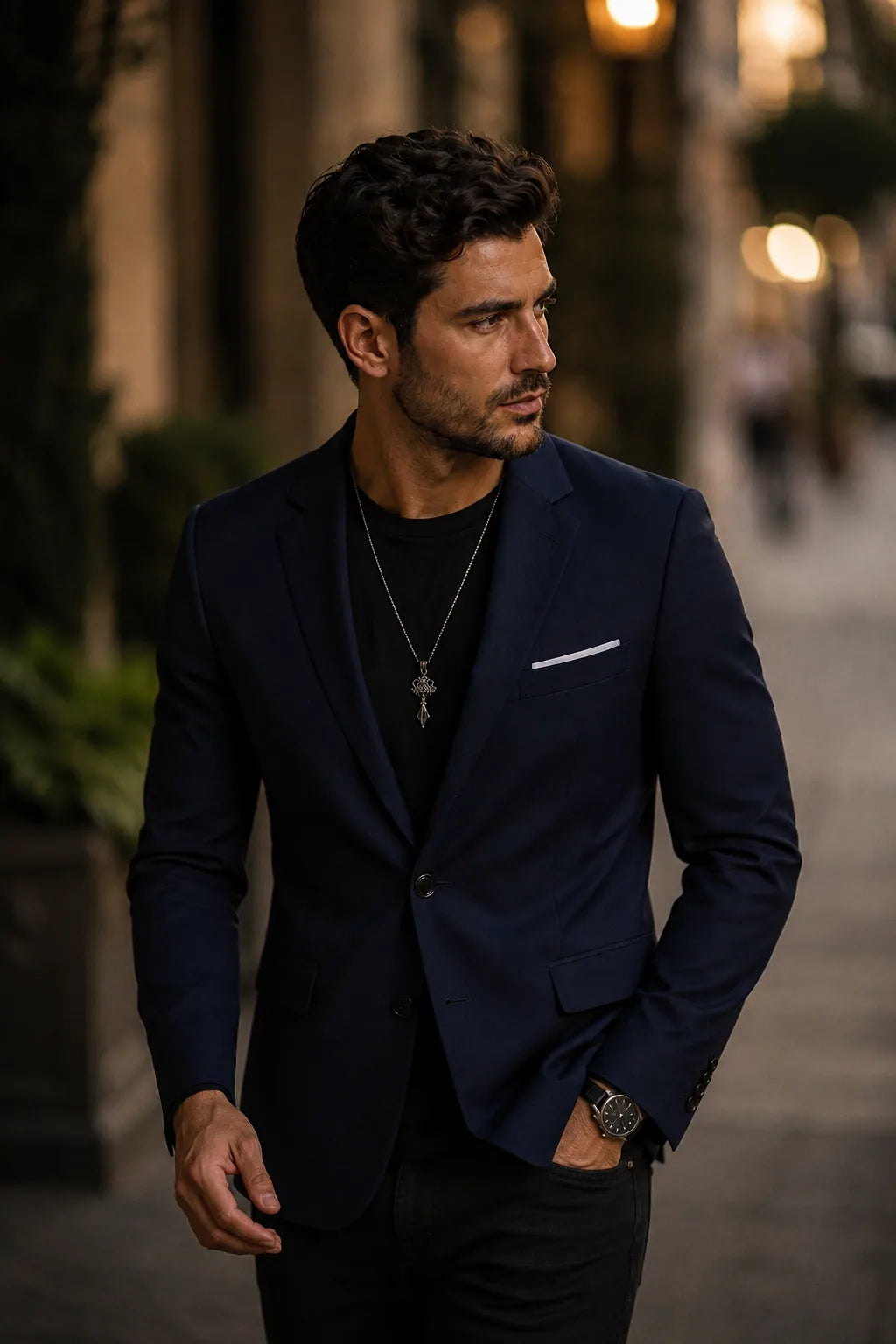 Modelo vestindo blazer masculino azul marinho com camiseta preta e lenço de bolso — Terno Lux