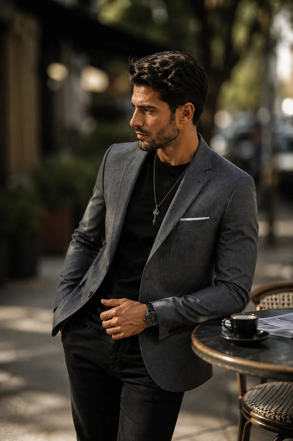 Modelo vestindo blazer masculino cinza fechado em botão único, com lenço de bolso branco — Terno Lux