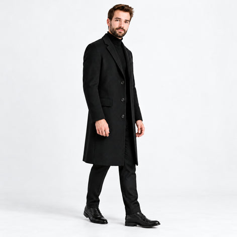 Homem usando sobretudo longo preto em nova pose de três quartos, fundo branco.