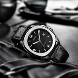 Relógio Parnis automático com mostrador preto e pulseira de couro