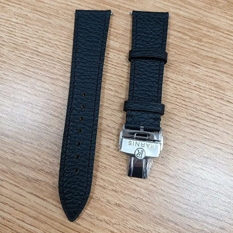 Pulseira de couro preto do Relógio Parnis com fecho deployant em aço