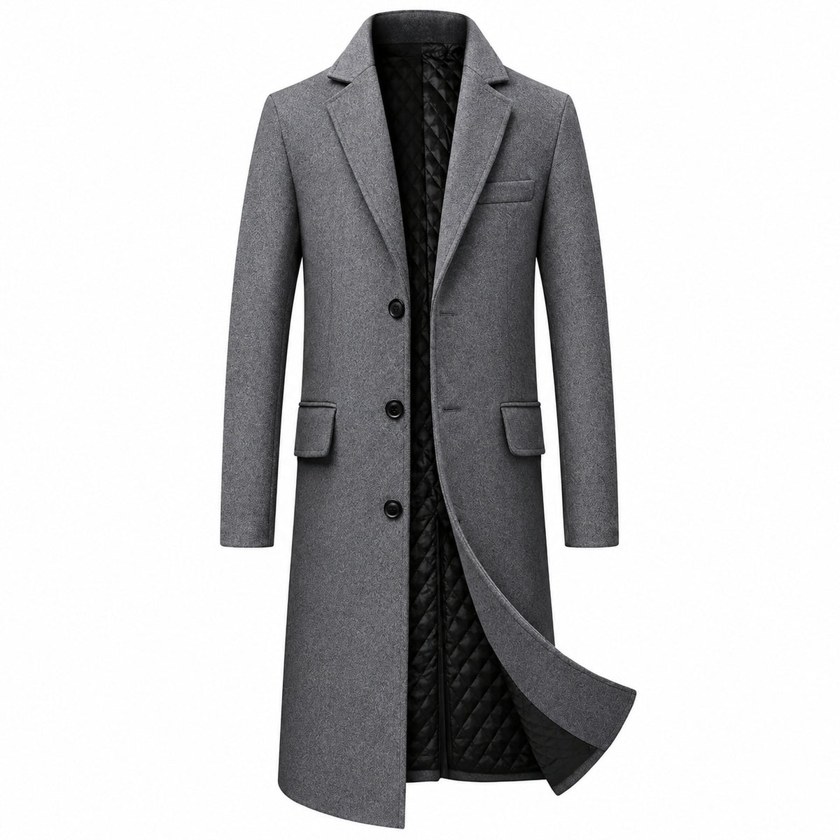Sobretudo masculino longo cinza com lapela, três botões e bolsos com aba, vista frontal.