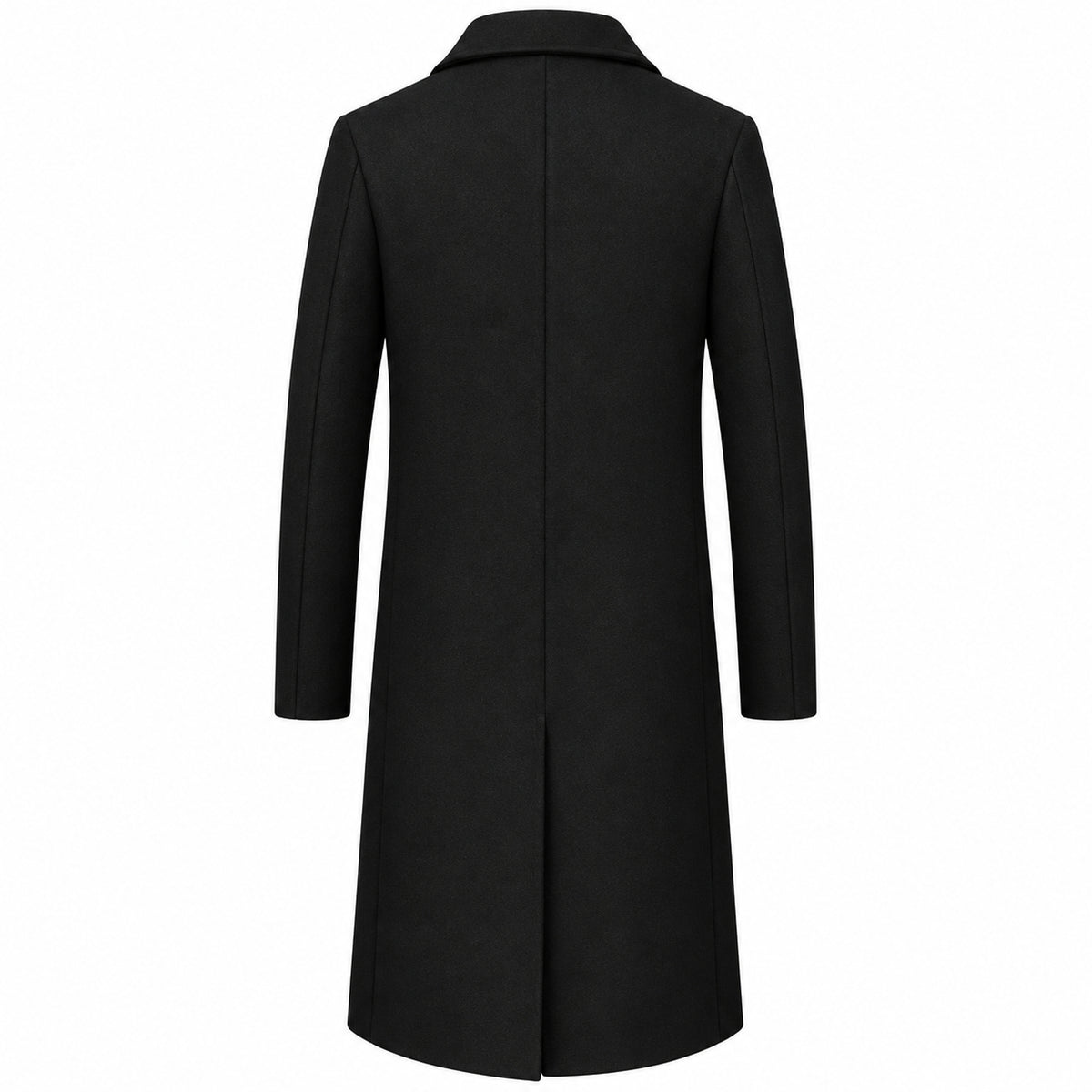 Vista traseira do sobretudo masculino longo preto, com costura central e fenda.