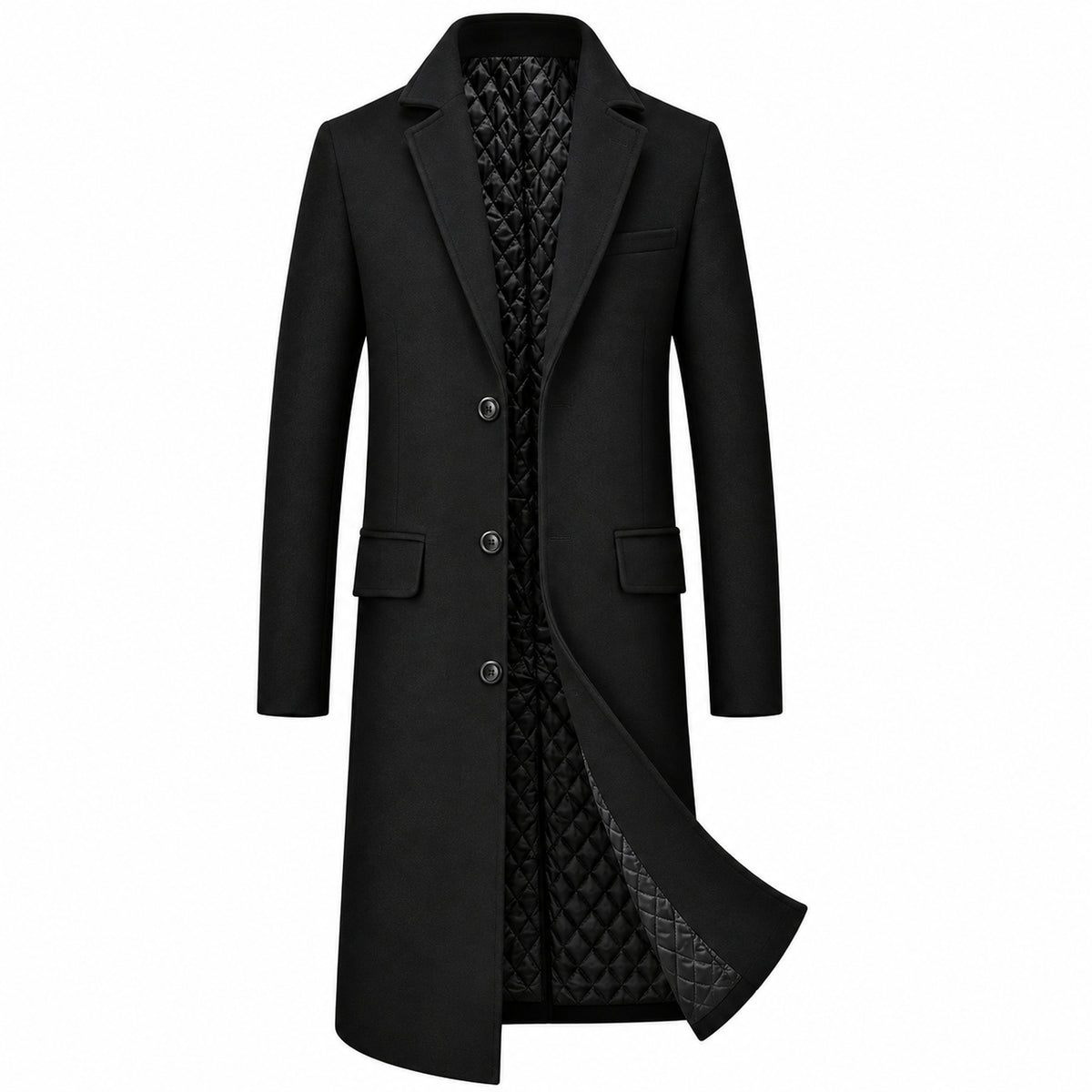 Sobretudo masculino longo preto com lapela, três botões e bolsos com aba, vista frontal.