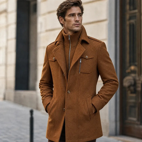 Sobretudo masculino caramelo em lã premium alfaiataria — Terno Lux