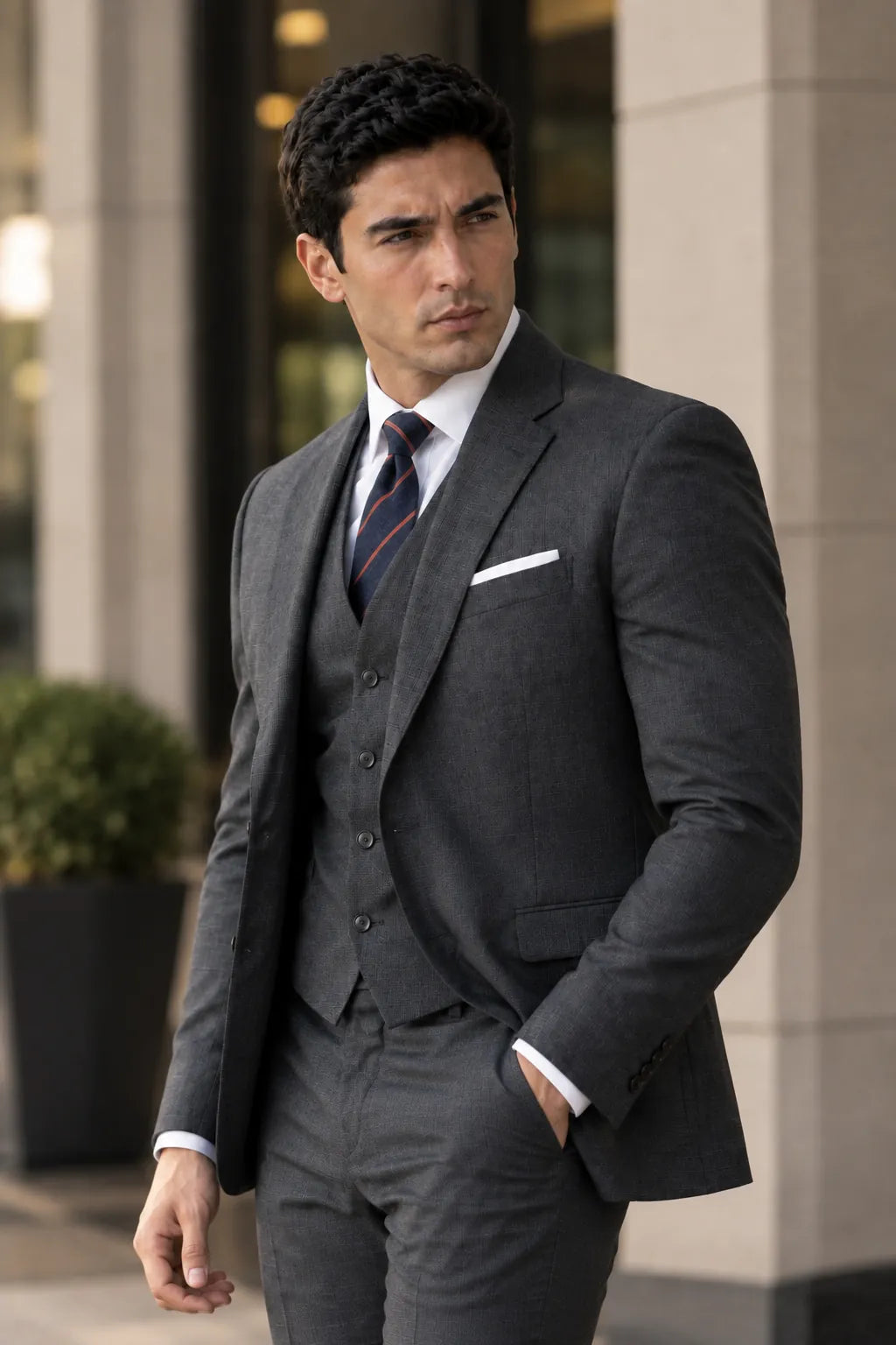 Homem elegante usando terno social cinza three-piece com gravata listrada azul-marinho e vermelha.