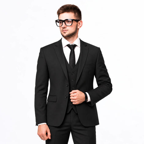 Terno preto 3 peças em modelo com óculos — modelo frente