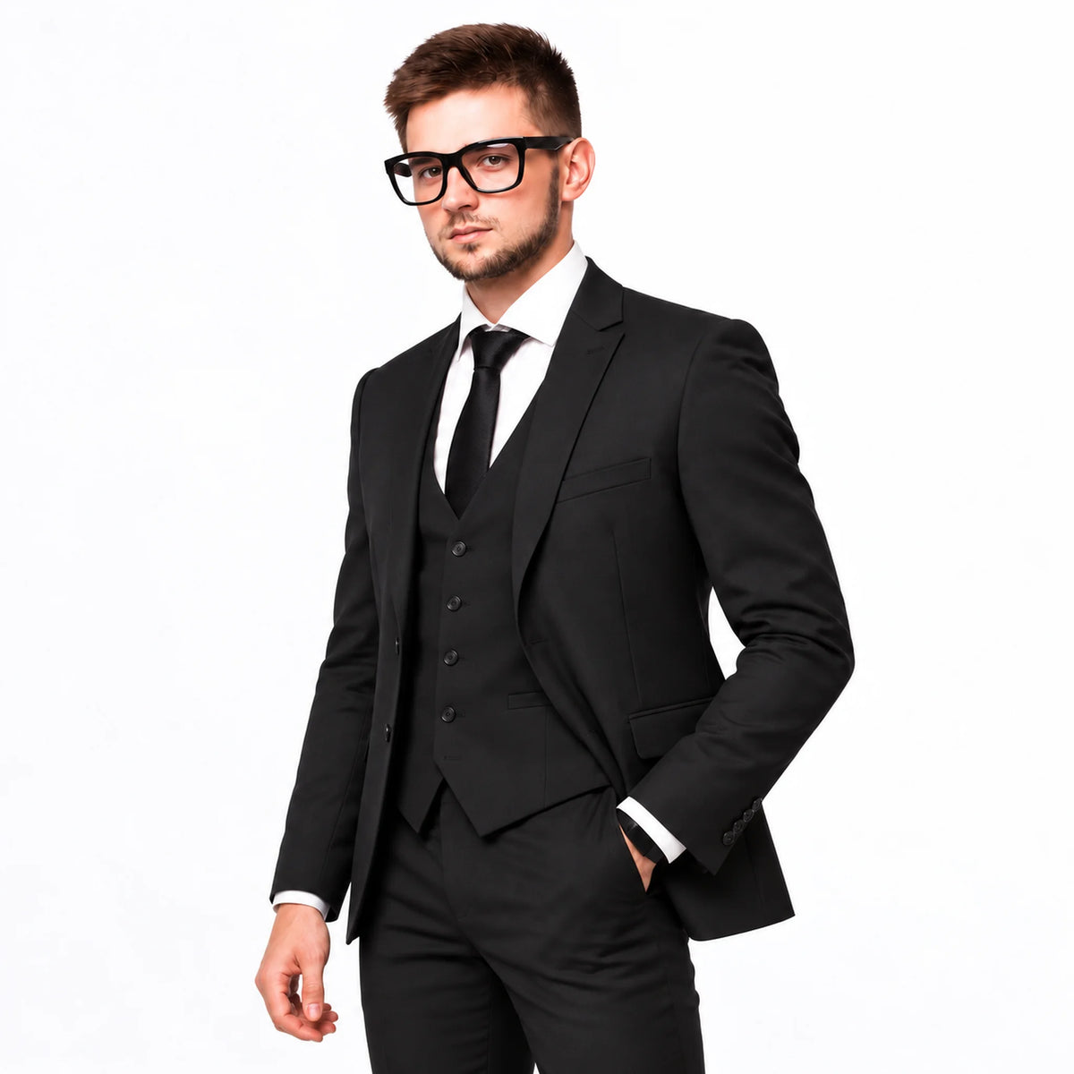 Terno preto 3 peças em modelo com óculos — modelo lateral