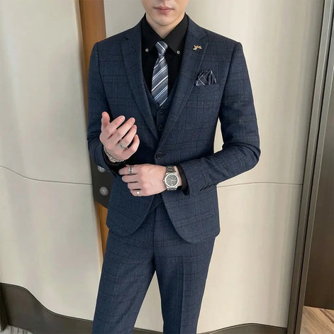 Terno masculino xadrez azul frente pose — Terno Lux